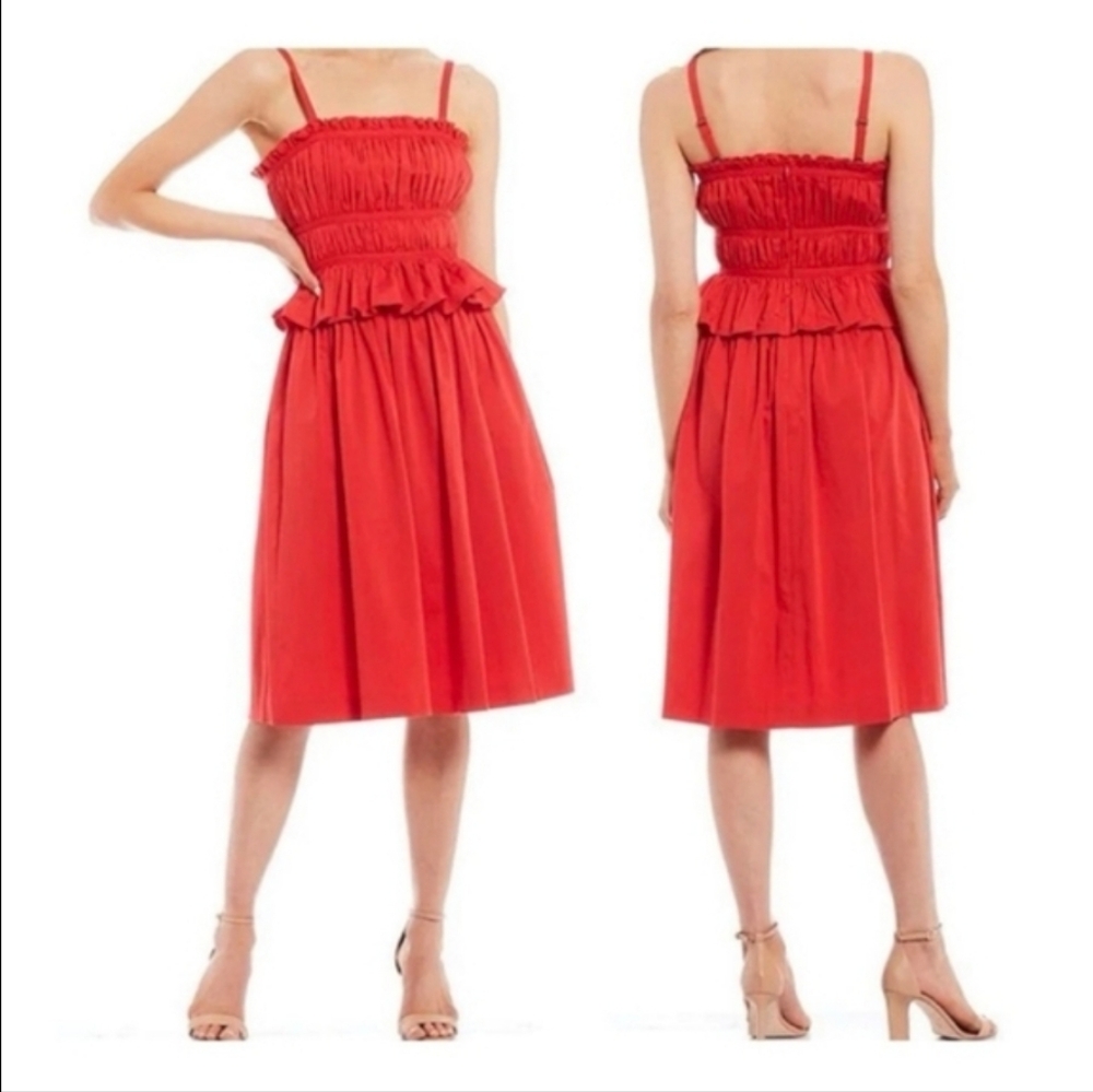Antonio Melani Dress Size 8 Red Ruffle Midi Pockets Fit And Flare Cocktail